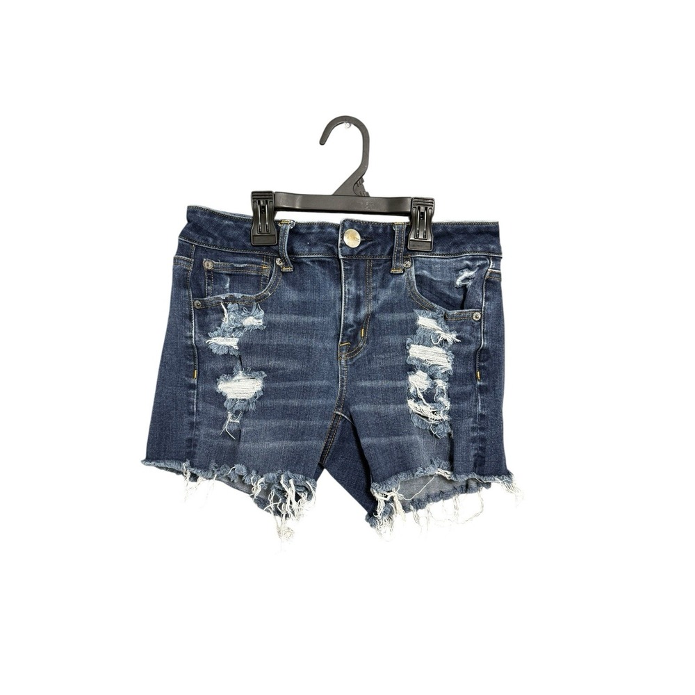 American Eagle Shorts Women‎ 4 Blue HI Rise Shortie 360 Super Stretch Distressed